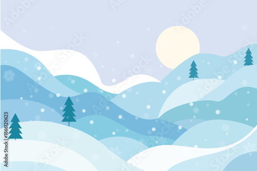Winter Flat Vector Landscape Background with Snowy Hills and Pine Trees