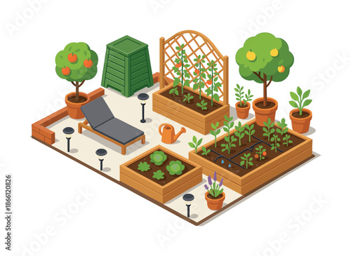 Gardening flat icon set. featuring spade, watering can, plant, flowerpot, compost bin, trellis, and vegetable bed symbols