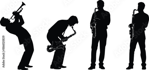Jazz musicians silhouettes playing trumpet and saxophone, live music performance, rhythm and melody, artistic expression, black white illustrationWeb