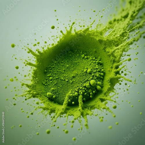 Vibrant green powder captured mid-explosion, showcasing dynamic energy and fine particle dispersion. barley grass powder