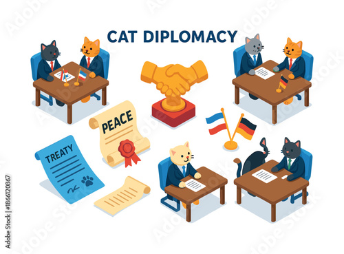 Cat diplomacy isometric icon set. featuring handshake, peace, treaty, and flags with cats in suits
