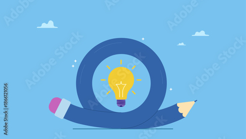Bending pencil with bright lightbulb idea. Creative idea, imagination, writing skill or learning and education.