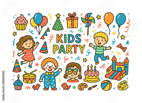 Kids party flat icon set. featuring cake, balloons, clown, gifts, confetti, and games symbols