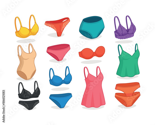 Fashion linear icon set. featuring bikini, bra, panties, swimsuit, tankini, push-up, and lingerie symbols