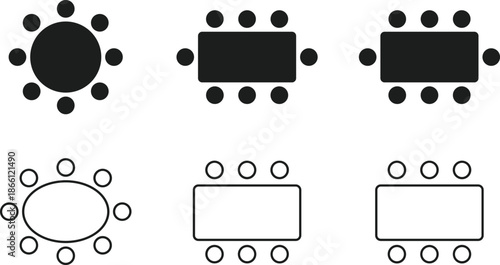Meeting table layout icon set showing round and rectangular conference seating arrangements, teamwork, discussion and office planning concept vectorWeb