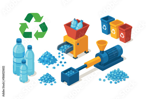 Recycling process flat icon set. featuring bottle crushing, sorting bins, pellet production, and recycle symbol