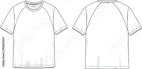 Men raglan t shirt technical flat illustration showing front and back views short sleeve crew neck apparel design