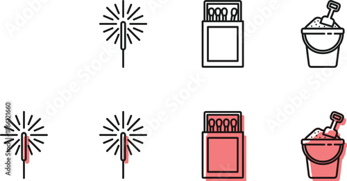 Minimalist black and red icon set featuring sparkler, matchbox, and sand bucket with shovel for summer, fire, and beach themes