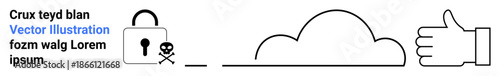 Data protection, cybersecurity, cloud storage, risk management, cyber threats, authentication. Lock with a skull, cloud icon and a hand giving approval. Data protection and cybersecurity concept