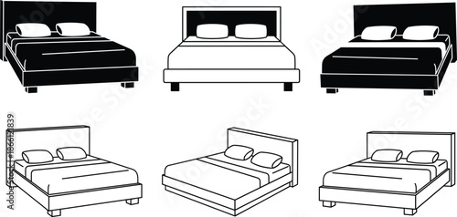 Modern bed furniture illustration set showing solid and outline bedroom beds from multiple angles, home interior and sleep concept vectorWeb