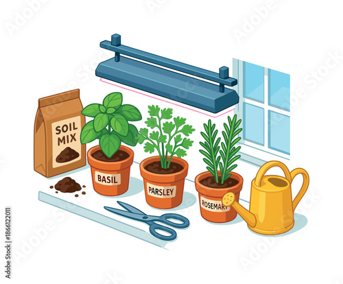 Gardening essentials flat icon set. featuring basil, parsley, rosemary, soil mix, grow light, scissors, watering can, window