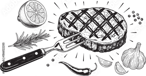 grilled steak with fork and various food ingredients around