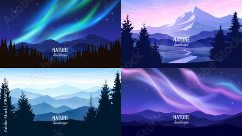 Set of 4 natural landscapes. Night sky with aurora borealis, silhouettes of coniferous forest, trail through the valley. Vector illustration for banners, wallpapers, web design and presentations.