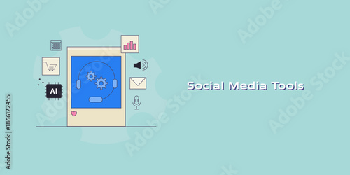 Social commerce AI workflow automates content creation and management, chat interaction, schedule messaging and customer engagement handling, line art.