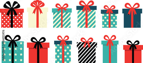 Colorful gift box collection with ribbons and bows flat vector illustration set for holidays birthdays celebrations and festive design use