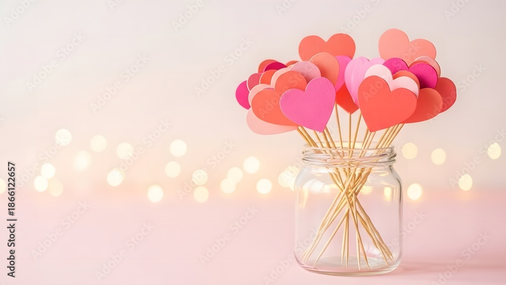 Fototapeta premium A glass jar filled with colorful heart shaped decorations for valentine s day