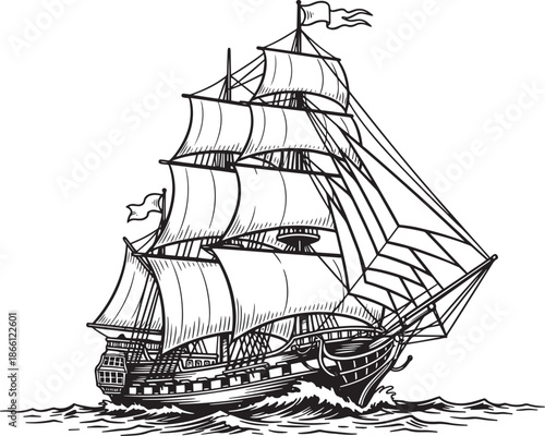 vintage sailing ship with billowing sails on waves