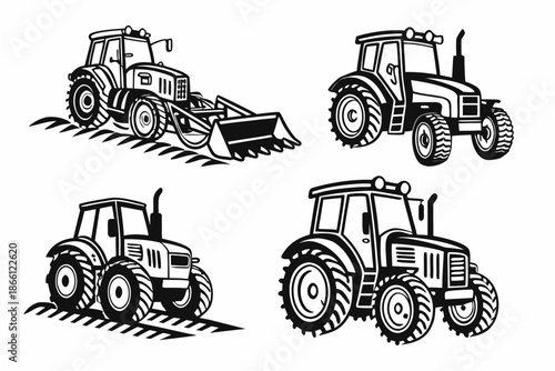 Four agricultural tractors in action isolated on white background, Vector