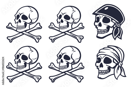 Collection of pirate skulls with crossbones isolated on white background, Vector
