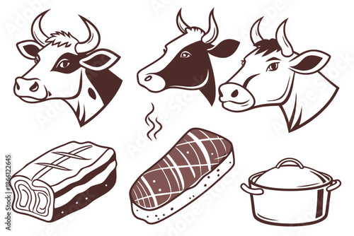 Illustrations of cows and meat products isolated on white background, Vector