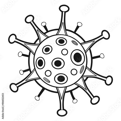 A virus particle, most commonly representing a coronavirus. It shows a round central body covered in various-sized circles and ovals (like pores or surface features).
