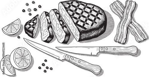 grilled steak with bacon slices and lemons and a knife on white