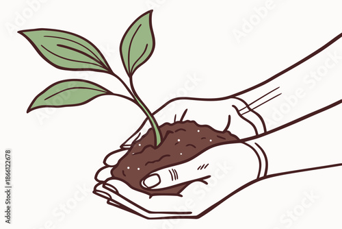 Hands planting a seedling isolated on white background, Vector