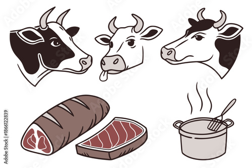 Illustrations of cows and beef products isolated on white background, Vector
