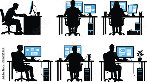 Office workers silhouettes using desktop computers in modern workplace illustration representing teamwork productivity technology and professional business environment