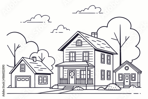 Suburban neighborhood with houses and trees isolated on white background, Vector