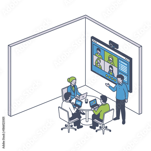 A colorful flat 2D graphic illustration depicts three business employees collaborating in a modern huddle room during a hybrid motion conference call displayed on a large wall screen