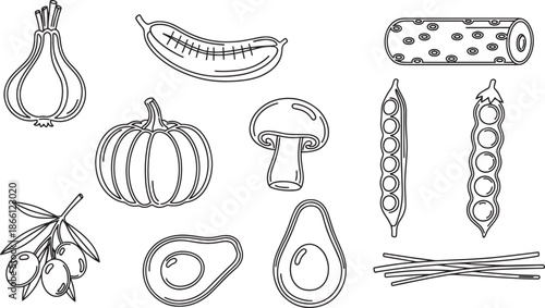 Food and vegetable line art illustrations