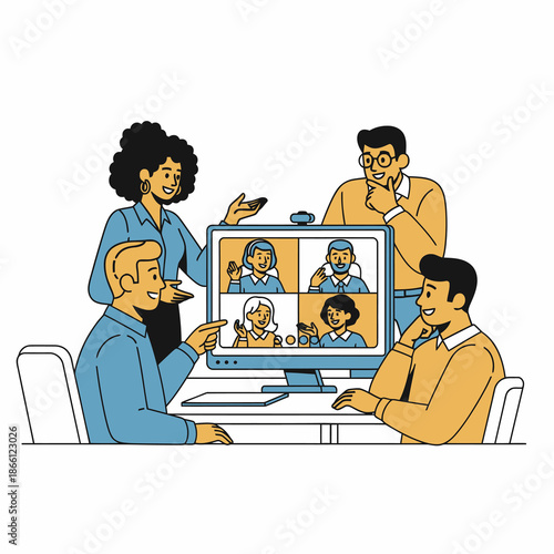 A 2D flat illustration shows three business colleagues at a successful motion conference using a large monitor, demonstrating seamless hybrid work communication and global team connectivity