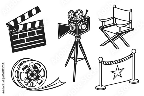 Classic film production icons isolated on white background, Vector