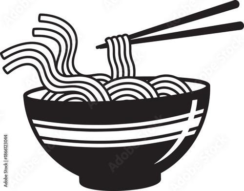 noodle bowl with chopsticks and noodles on white