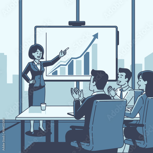 A dynamic 2D flat graphic illustration shows a female CEO enthusiastically presenting a rising success graph to applauding colleagues in a modern glass conference room