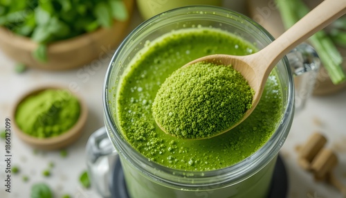 A refreshing green smoothie with superfood powder, offering a healthy and energizing boost. barley grass powder