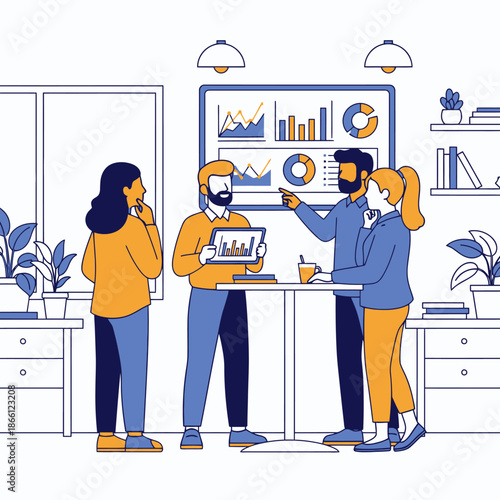 A small, diverse team conducts an informal business stand up meeting around a high table, analyzing a digital performance chart on a monitor, rendered in a bright 2D graphic style