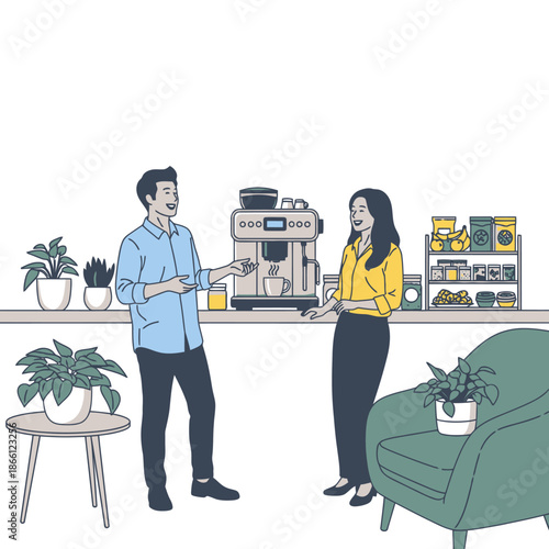 A vibrant 2D flat graphic illustration shows two happy young colleagues laughing and chatting animatedly by the office kitchens stylish coffee machine and snack bar, emphasizing teamwork