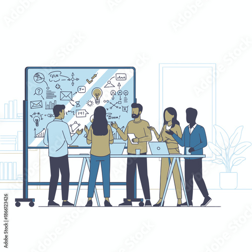 Diverse four person team conducting a productive stand up meeting in a modern, minimalist office, brainstorming ideas on a glass whiteboard, rendered as a 2D flat graphic illustration