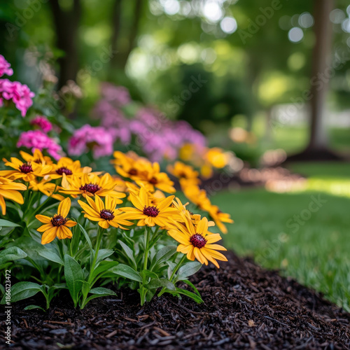 Yellow daisy flowers in sunny garden bed with pink blooms and blurred trees creating cheerful summer scene