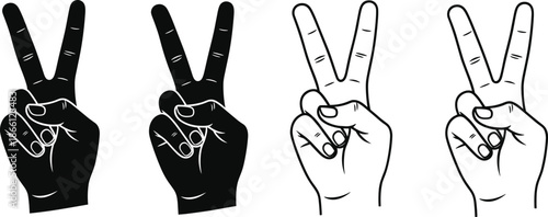 Peace hand gesture illustration set showing solid and outline victory sign icons, freedom, positivity and symbol communication concept vectorWeb
