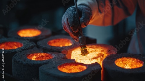 Close up of a gloved hand working with glowing hot metal molds in a dark industrial setting