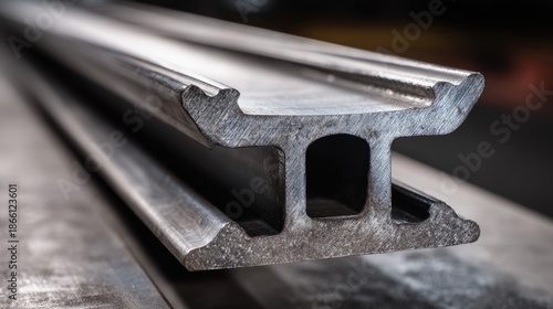 Close up view of a steel I beam profile with a hollow rectangular section