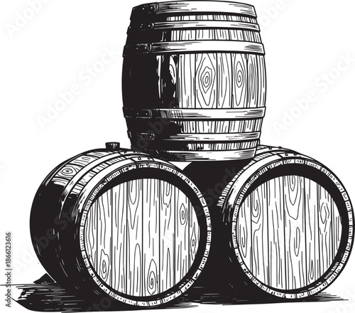 three wooden barrels stacked on each other