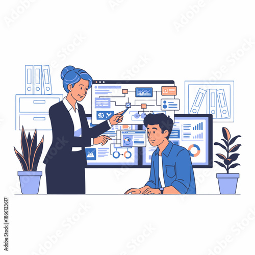 Experienced senior manager patiently guides a young employee through complex dual monitor software workflow, illustrating professional growth in a vibrant flat 2D graphic illustration