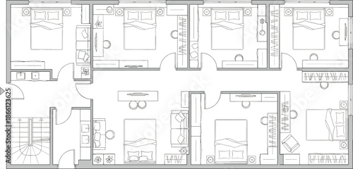 Modern apartment floor plan with multiple bedrooms, bathrooms, and living spaces detailed architectural interior layout blueprint for residential real estate design