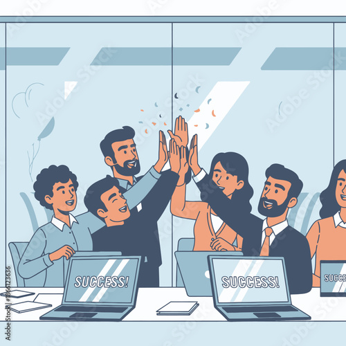 Five smiling business employees celebrating a successful project deadline by giving high fives in a modern glass conference room, depicted in a bright 2D flat graphic illustration