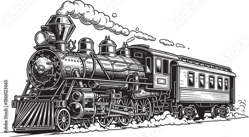 vintage steam locomotive engine with passenger car  train