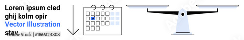 Task management, project planning, decision-making, time organization, productivity, weighing choices. A checkmark calendar and a balancing scale. Task management and decision-making concept